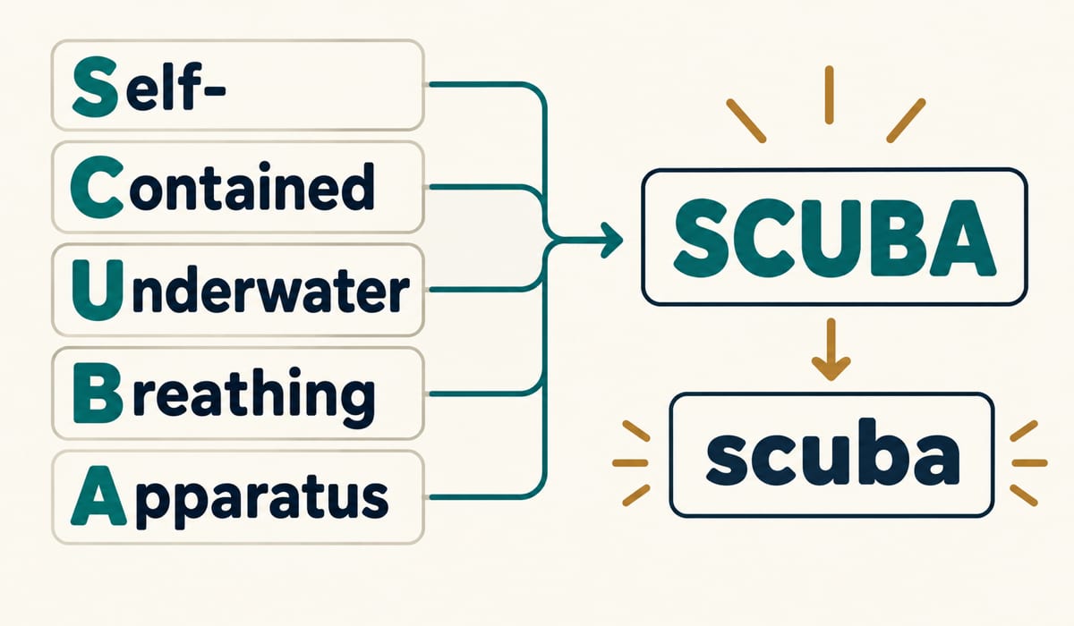 Initials of self-contained underwater breathing apparatus form SCUBA, then the lowercase word scuba.