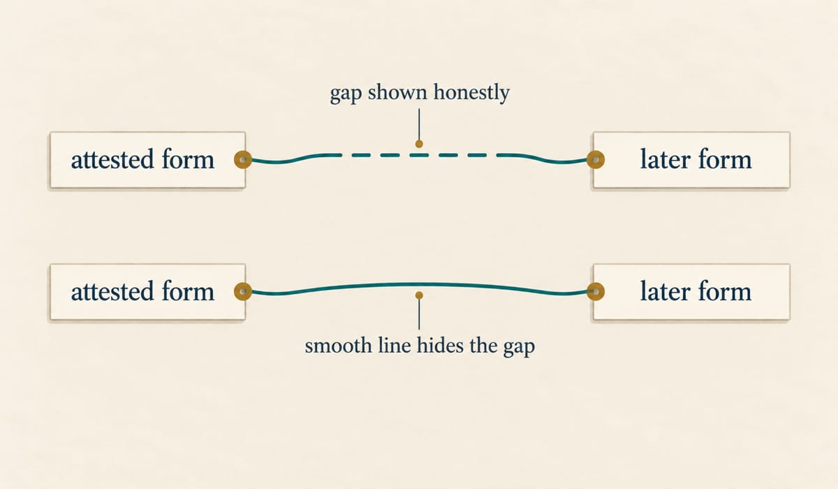 Two word-history chains: one with a dashed gap marking missing evidence, one drawn as a smooth unbroken line that hides the gap
