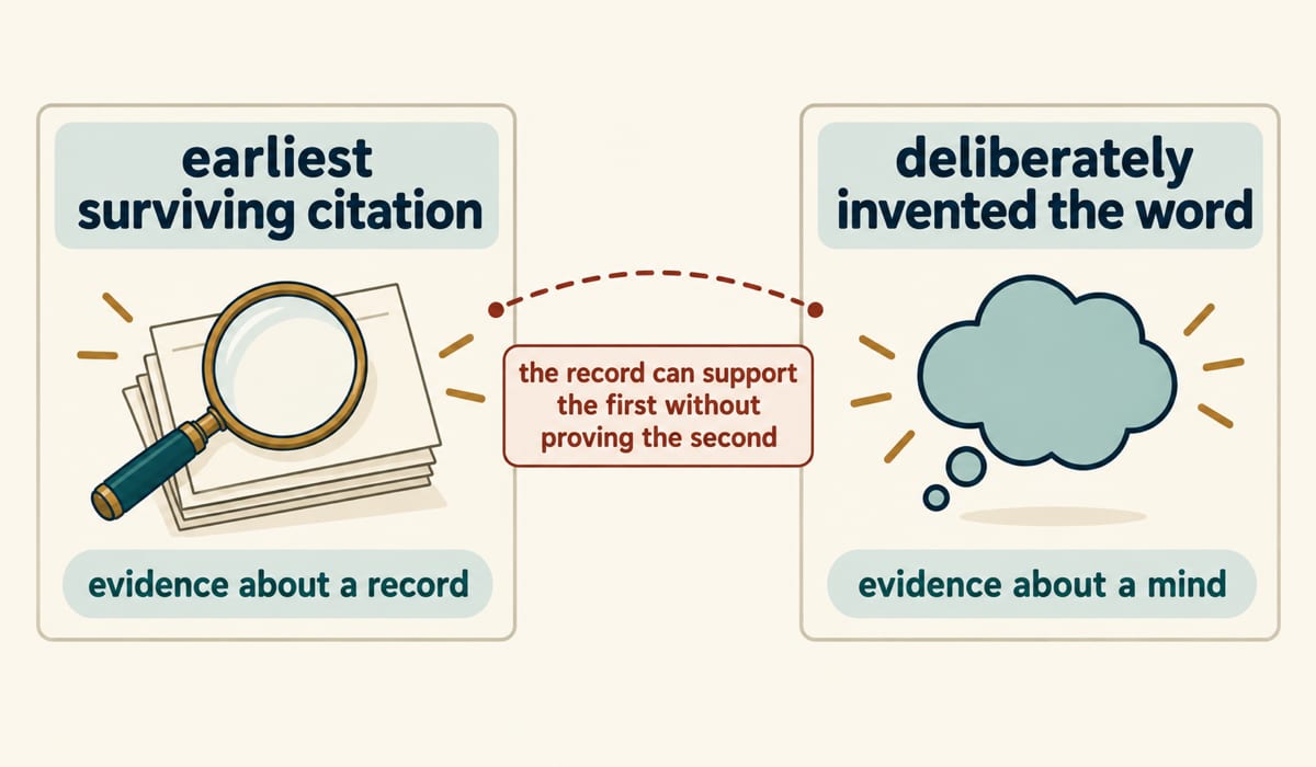 Two claim cards side by side: 'earliest surviving citation' versus 'deliberately invented the word'