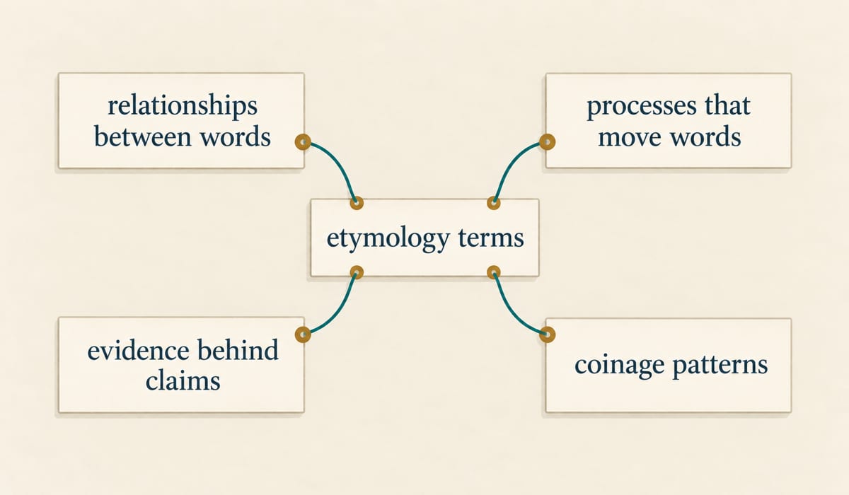 Concept map grouping etymology terms into four clusters: relationships, processes, evidence and coinage