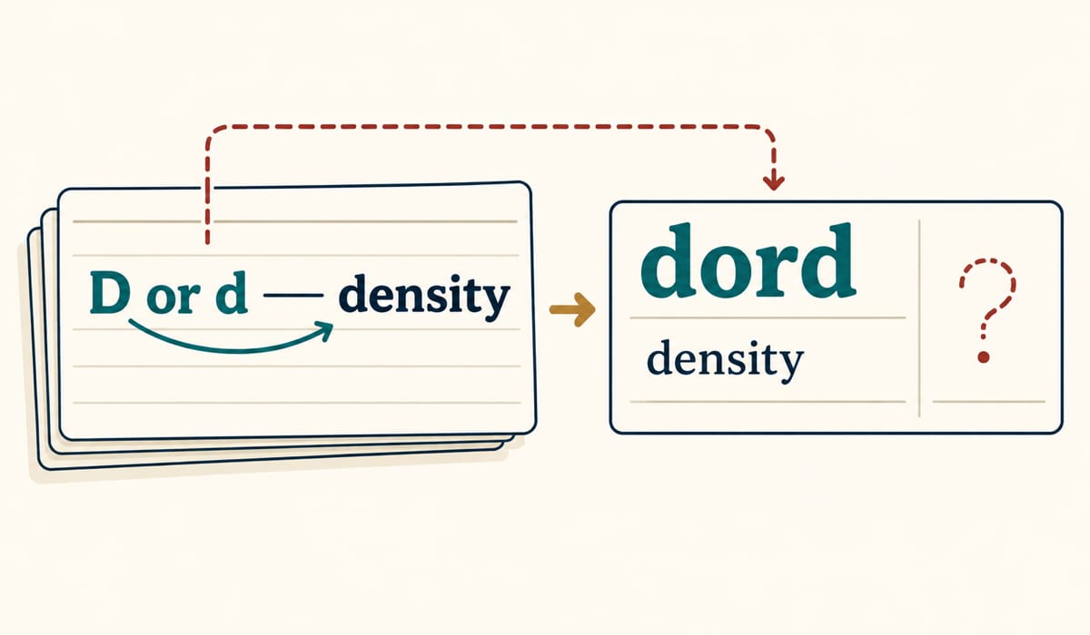Diagram linking a slip reading ‘D or d — density’ to ‘dord’, glossed ‘density’, with a dashed question mark.