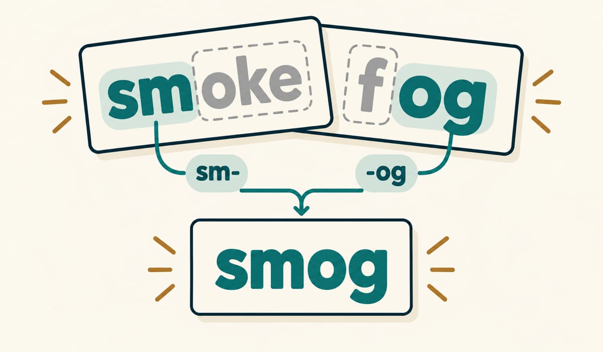 Highlighted sm- from smoke and -og from fog combine to form smog; dashed outlines mark discarded letters.