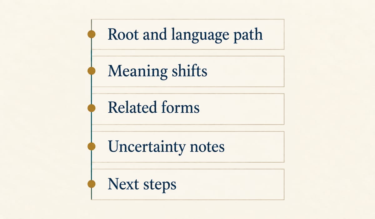Diagram of a Word Says Hi reading showing the order: route, meaning shifts, related forms, uncertainty, checking steps