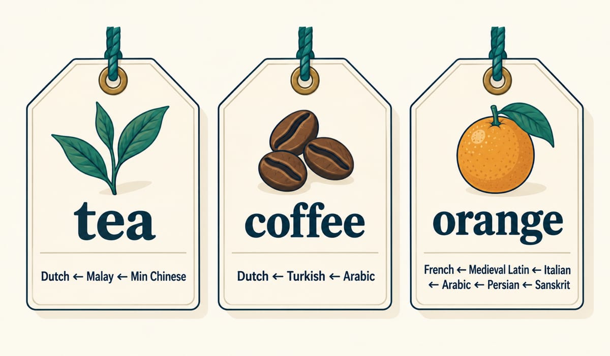 Three goods tags - tea, coffee, orange - each carrying its language chain beneath the word