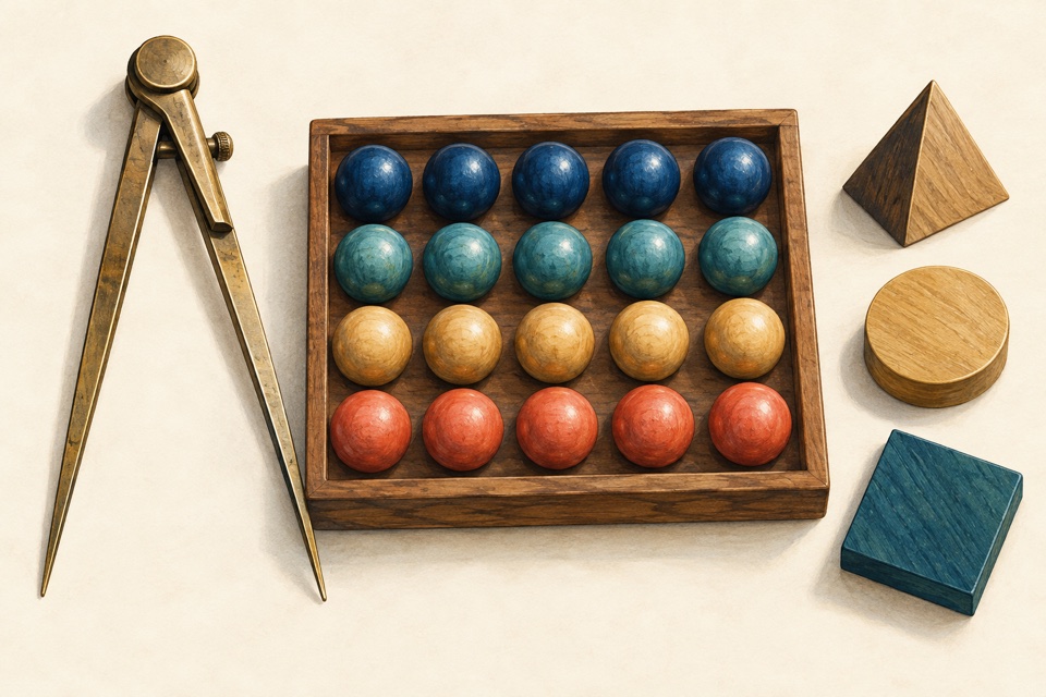 Wooden counting beads in a grid beside bronze dividers and geometric tiles.