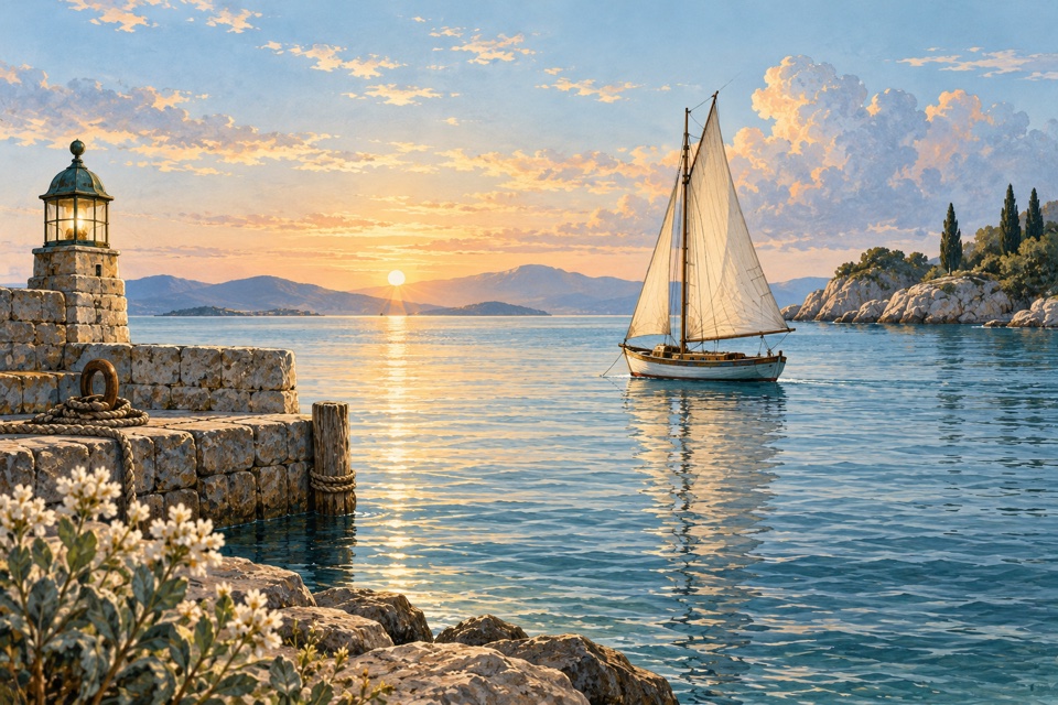 Sailboat on calm harbor water at sunrise beside a stone lighthouse and breakwater.