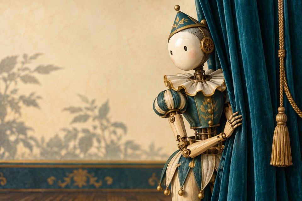 Wood-and-brass stage automaton with a blank porcelain face peeking from behind a deep teal curtain.