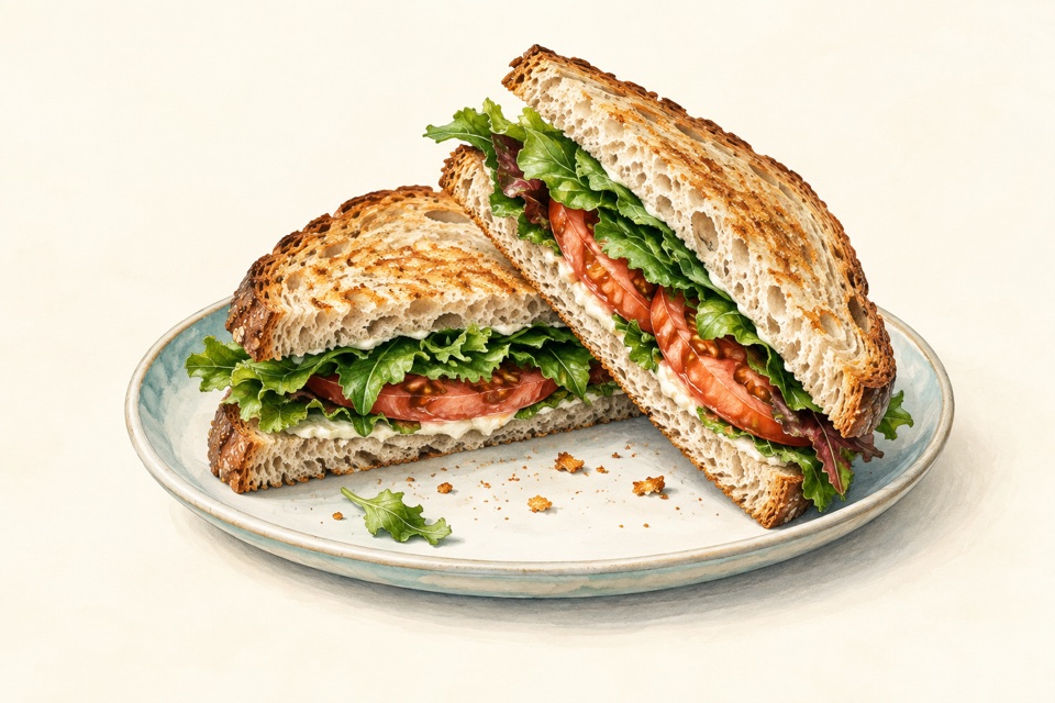 Diagonally cut sandwich with greens and tomato on a pale ceramic plate.