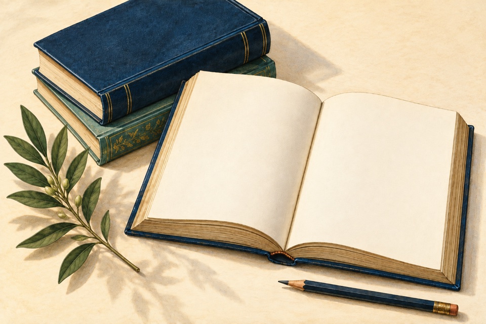 Open blank book beside stacked navy and green books, a graphite pencil, and a leafy sprig.