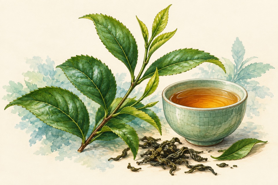 Fresh tea leaves beside a small celadon cup of amber tea.