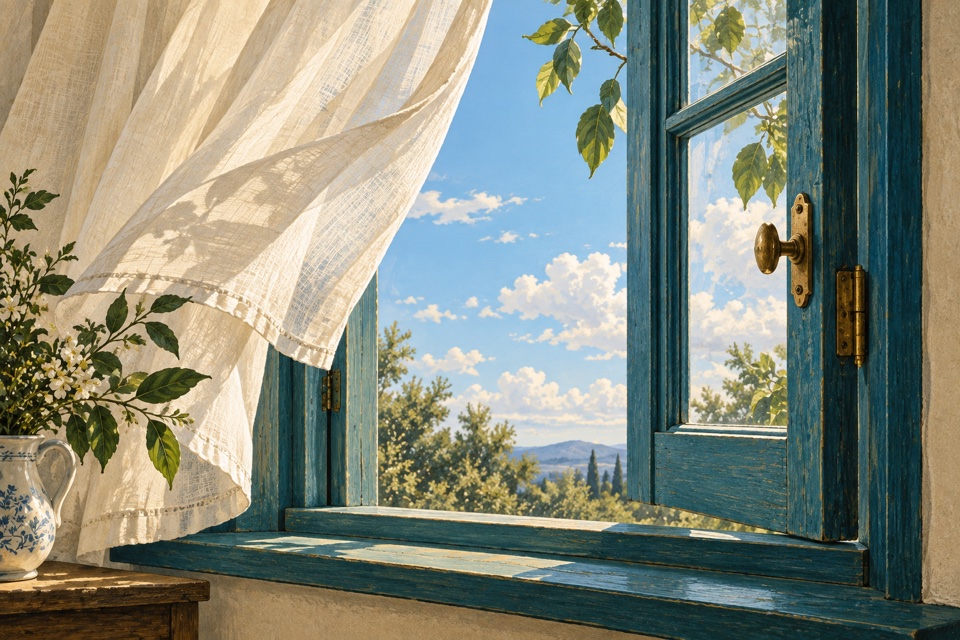 Partly open teal wood window with a brass latch and breeze-lifted linen curtain.